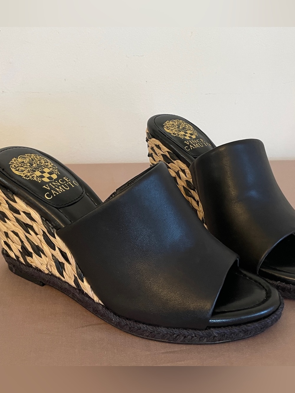 Vince Camuto Black Leather and Woven Espadrille Wedge Mules - Picture 2 of 6